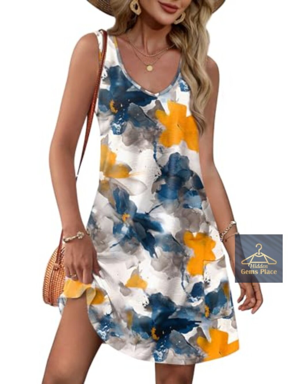Women's Summer V Neck Sleeveless Sundress with Pockets Knee Length Flowy Dress